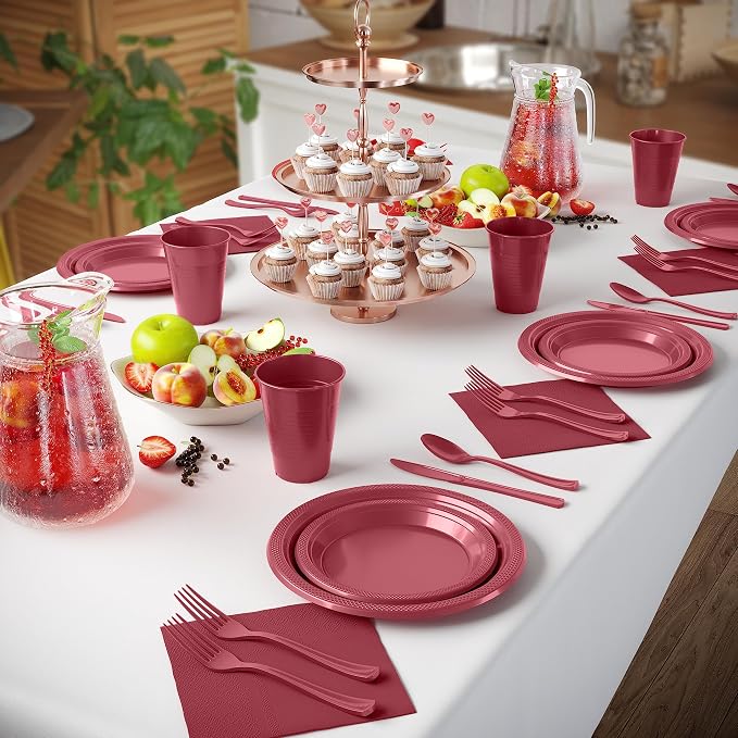 350 Pcs Burgundy Plastic Plates For Party, Burgundy Disposable Plates Set, 50 Of Each 9" Dinner Plate Set, 7" Dessert Plate, Cups, Napkins & Cutlery Plastic Dinnerware Set Exquisite