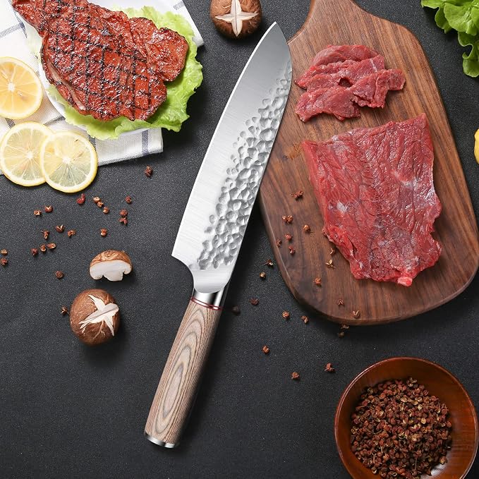 Huusk Japanese Chef Knife for Kitchen, 7" Sharp Stainless Santoku Knife | High Carbon Blade, Cooking Knife for Vegetable & Meat Cutting with Wood Handle, Gift Idea for Cooking Lovers