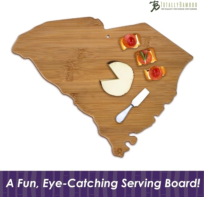 Totally Bamboo South Carolina State Shaped Bamboo Serving and Cutting Board | State charcuterie board with natural bamboo grain. Knife-friendly surface for food prep. Hang tie for wall display.