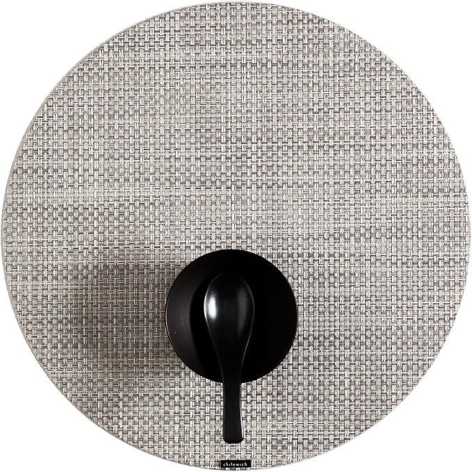 Chilewich Basketweave Placemats, Woven Round Placemats Set of 4 | Reusable, Stain-Resistant, Indoor/Outdoor Tabletop Protection, White/Silver, 15"