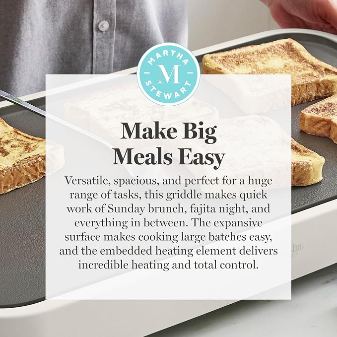 Martha Stewart 12"x 22" XL Electric Griddle, Ceramic Nonstick Flat Top | PFAS-Free Nonstick Grill, XL Cooking Surface for Pancakes & Eggs, Adjustable Temp Dial, Drip Tray, 1500W Heating, Linen White
