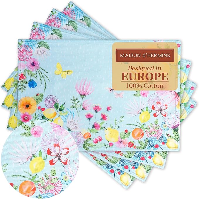 Maison d' Hermine Placemats Set of 4 Reusable 100% Cotton (13"x19") | Cloth Place Mats Washable Table Mats for Kitchen Dining Party Wedding Home Restaurant Spring Summer - Jardin D'Ete - Mint
