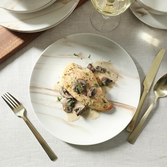 Gibson Home Cloudlight 12 Piece Plates and Bowls Dishes Brown and White - Decorated Porcelain Ceramic Dinnerware Set - Service for 4