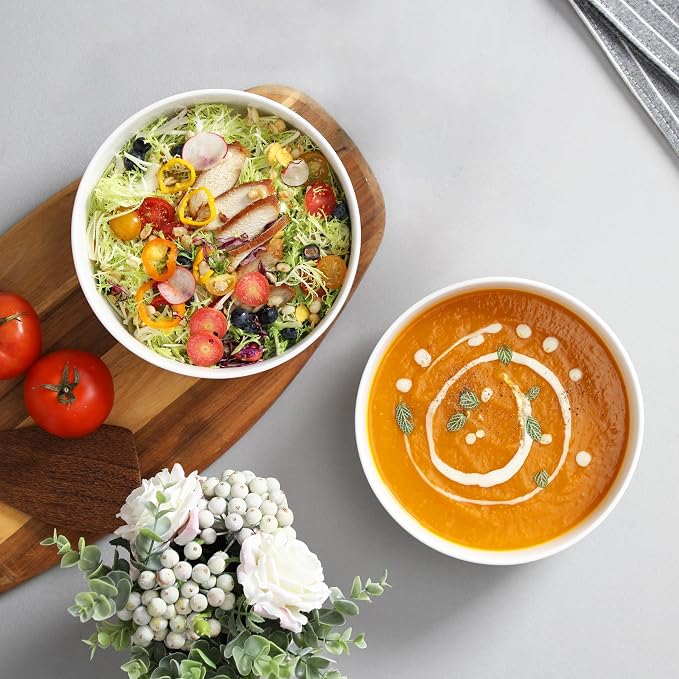 MALACASA Large Serving Bowls, 60 OZ (8") White Salad Bowls Set of 2 | Ceramic Bowls for Kitchen, Soup, Pasta, Dinner, Porcelain Bowls Set for Entertaining, Microwave & Dishwasher Safe