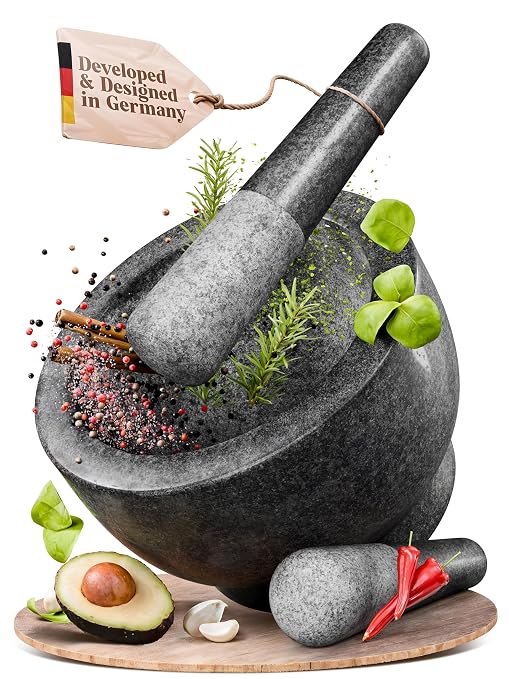 ChefSofi Extra Large 8 Inch 5 Cup-Capacity Mortar and Pestle Set - Black Polished Exterior - One Huge Mortar and Two Pestels: 8.5 inch and 6.5 inch