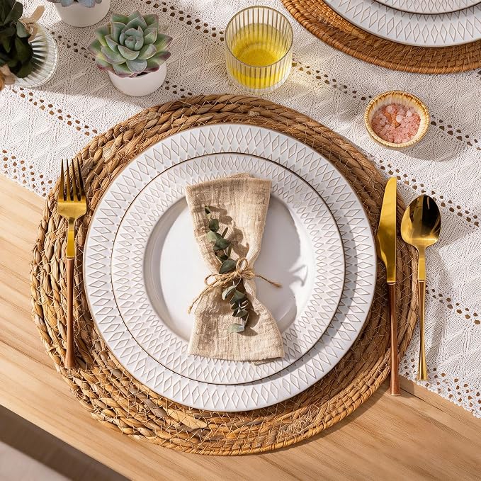 GBHOME Ceramic Dinnerware Sets of 8,24 pcs Plates and Bowls Sets Dishes | Embossed Elegant Stoneware Dishes Set | Dishwasher & Microwave Safe | Service for 4