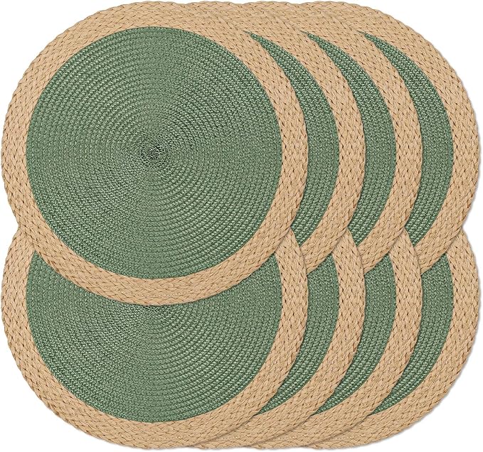 Round Placemats Set of 8, Woven Table Mats, Wide Edge, Green | Braided Paper Edge, 15 Inch Diameter, Fits Dinner Plate and Flatware, Wipeable, Heat Resistant, Indoor Dining, Outdoor Patio