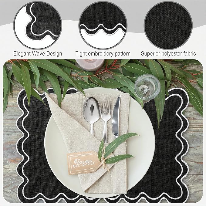 HunnmingRe Black with White Set of 6 Cotton Linen Wedding Placemats, 13x19 Inch Scalloped Wavy Embroidery Placemat Double Layered Washable Rustic Rectangle Dinner Table Mat for Home Decor