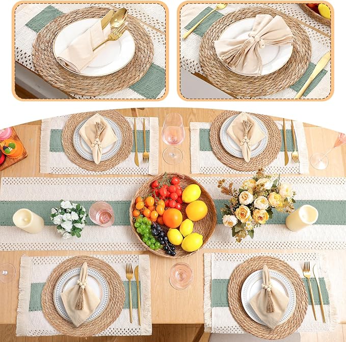 6 Sets Boho Decoration Placemats Round Woven Placemats, Cloth Napkins, Wood Bead Napkin Rings, Long Table Runner and Farmhouse Burlap Cotton for Table Kitchen (Green,12x72)