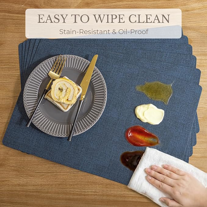 Romanstile Vinyl Placemats Set of 8-12 X 17 Inch - Faux Leather 100% Waterproof Wipeable Anti Slip Place Mats, Heat Resistant Reversible PU Table Mats for Kitchen Dining Party Outdoor, Navy Blue