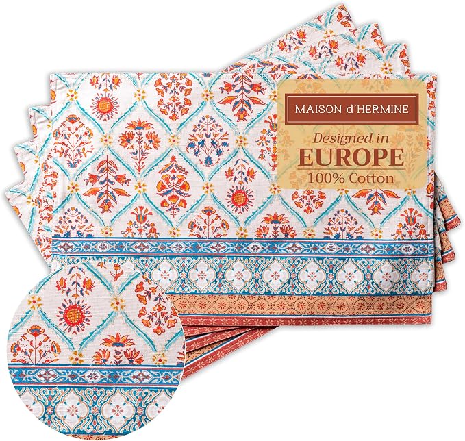 Maison d' Hermine Placemats Set of 4 Reusable 100% Cotton (13"x19") | Cloth Place Mats Washable Table Mats for Kitchen Dining Party Wedding Hotel Home Thanksgiving Christmas - Romane