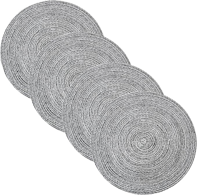 Round Placemats Set of 4-100% Cotton Two-Tone Placemat for Dining Table - Woven Braided Table Setting Place Mat - Washable Table Decor for Kitchen, Farmhouse, Rustic, Everyday Use, Black
