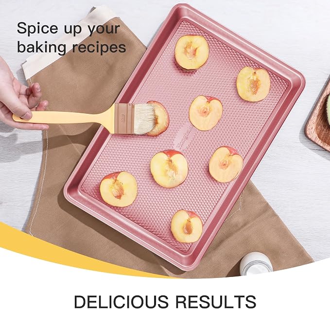 Baking Sheet Pan Set, Cookie Sheets for Oven, Nonstick Half/Quarter/Jelly Roll Pans with Diamond Texture Pattern, Heavy Duty Cookie Tray, Pink