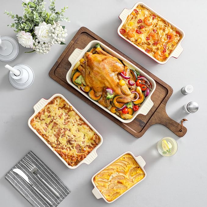 MALACASA Ceramic Casserole Baking Dishes Set of 4, Red with Handles | Rectangular Lasagna Pan Bakeware for Roasting Vegetable, Cake, Housewarming Gift, Oven Dishwasher Safe 9.4/11.1/12.2/14.7"
