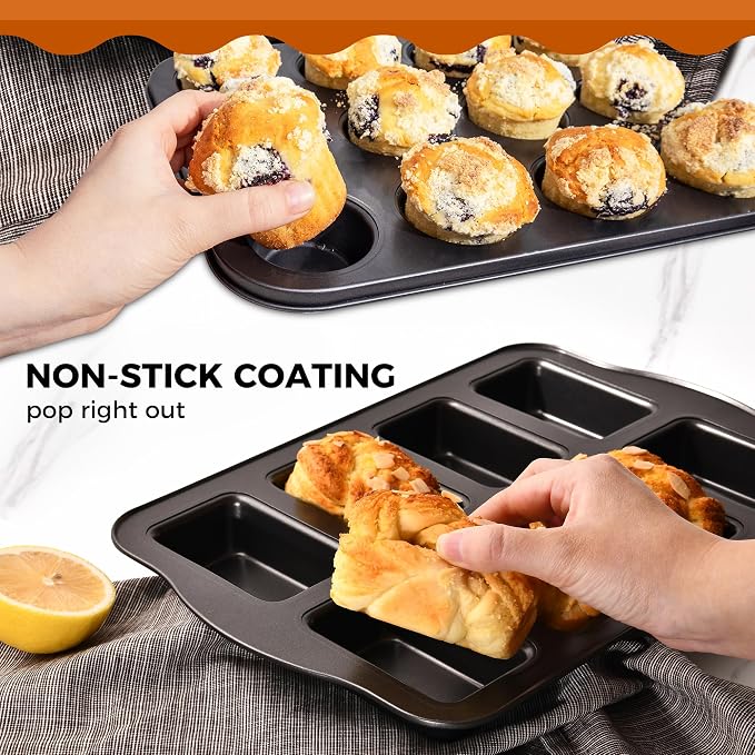 Nonstick Muffin Pan 12 Cup and Mini Loaf Pans 8 Cavity, Cupcake Tin for Baking and Small Banana Bread Tray - Grey