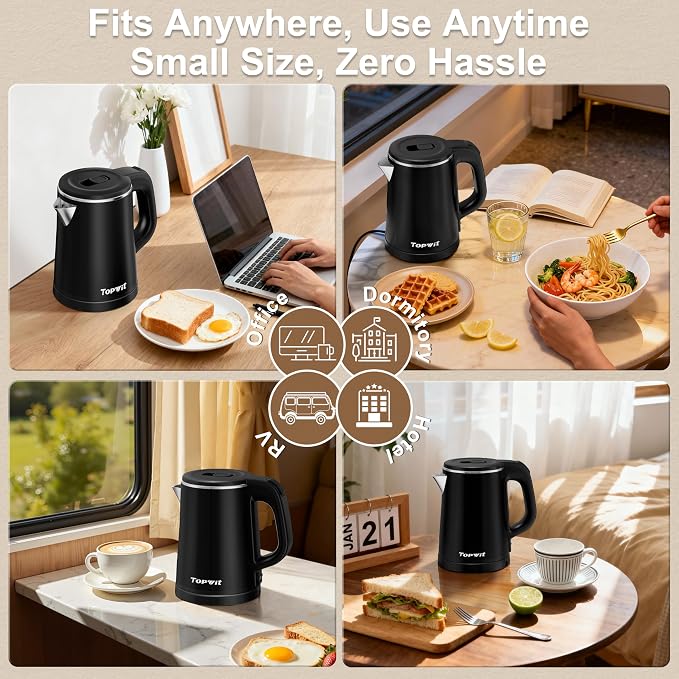 TOPWIT 0.8L Small Electric Kettle, Portable Travel Kettle, Stainless Steel | 800W Fast Boiling, Auto Shut-Off & Boil-Dry Protection, Tea Kettle for Home, Office, Business Trip, Hotel, Dorm