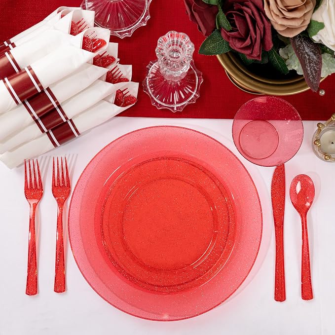 DaYammi 210PCS Red Glitter Plastic Dinnerware Set for 30 Guests, Fancy Disposable Plates for Party, Include: 30 Dinner Plates, 30 Dessert Plates, 30 Pre Rolled Napkins with Red Silverware, 30 Cups