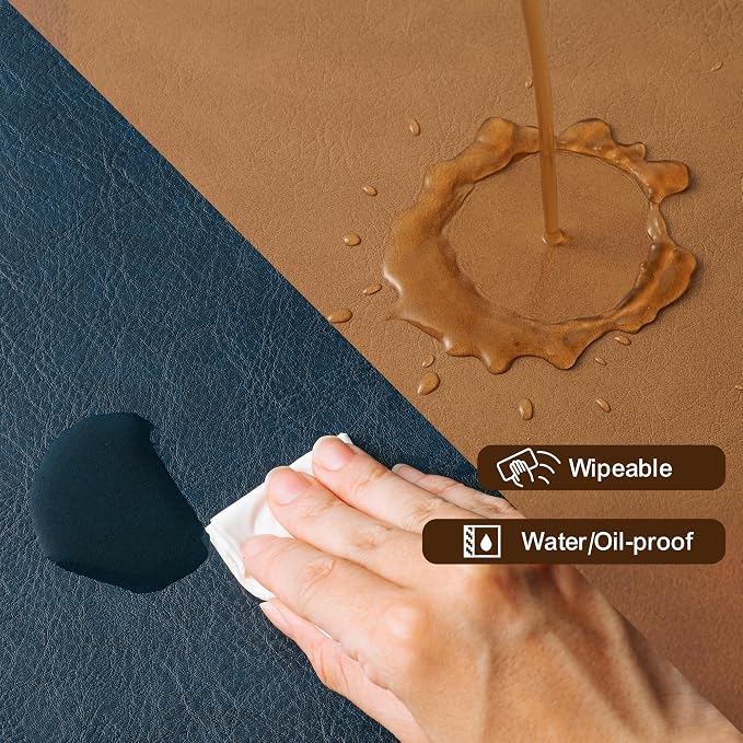 Placemats Set of 12, DOLOPL Reversible Dual-Color Faux Leather Place Mats 17"x11.8"– Waterproof, Heat Resistant, Washable & Wipeable, Luxury Retro Style for Kitchen, Dining Table (Camel/Navy Blue)