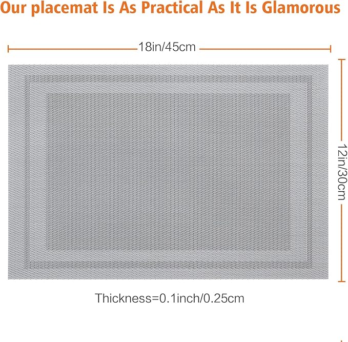Gray Vinyl Placemats Set of 8,Washable Dining PVC Table Mats | Heat resistant, stain resistant non slip vinyl place mats, washable gray table placemats for dining table