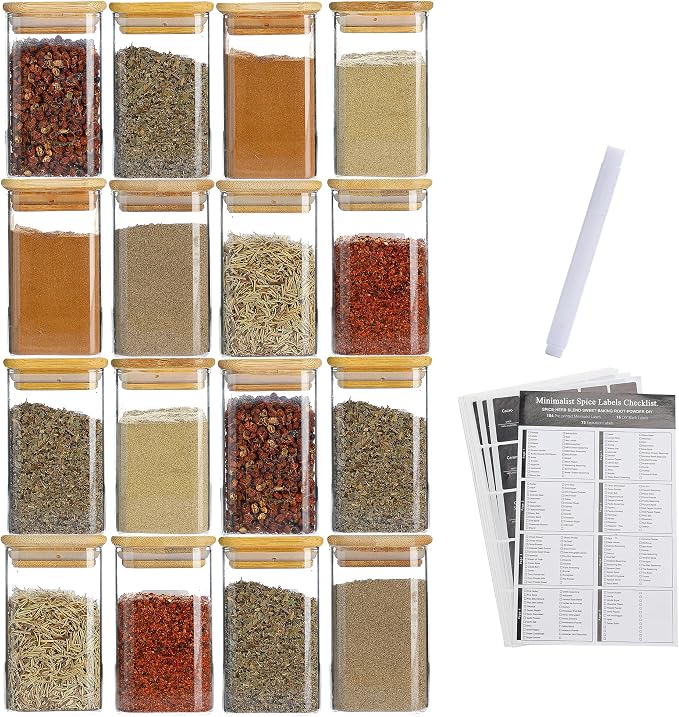 9 Oz Spice Jars with 275 Labels 16 Pack | Kitchen Airtight Seasoning Empty Organizer with Bamboo Lids