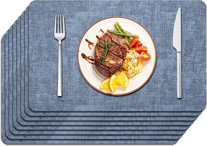 Maxpearl Faux Leather Placemats Set of 8, Easy to Clean, Blue | Waterproof - Heat Resistant - Non Slip - Wipe Clean Dining Table Place Mats, Suitable for Indoor & Outdoor Use, 17''×12''