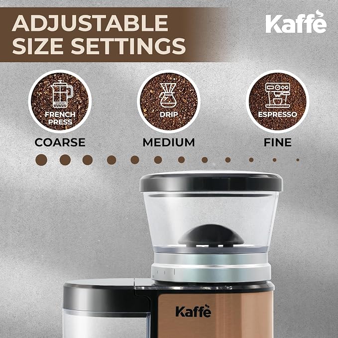 Kaffe Electric Burr Coffee Grinder (5.5oz) w/Adjustable Precise Coarseness Settings - Flat Burr - [Improved Motor] - Precision Coffee Bean Grinder for Home Use - Copper