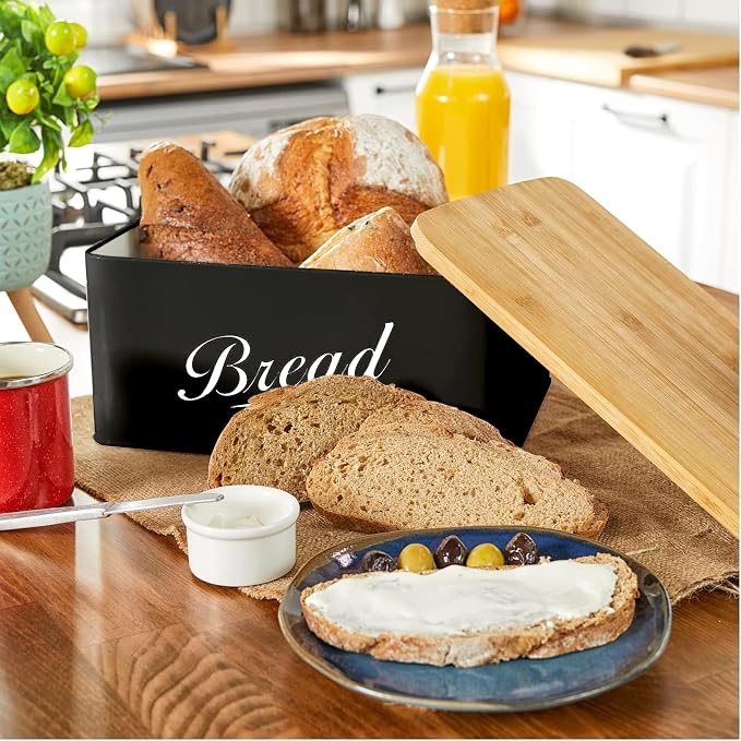 RoyalHouse Modern Metal Bread Box with Bamboo Cutting Board Lid | Bread Storage Container for Kitchen Counter, Vintage Kitchen Decor Organizer - Black