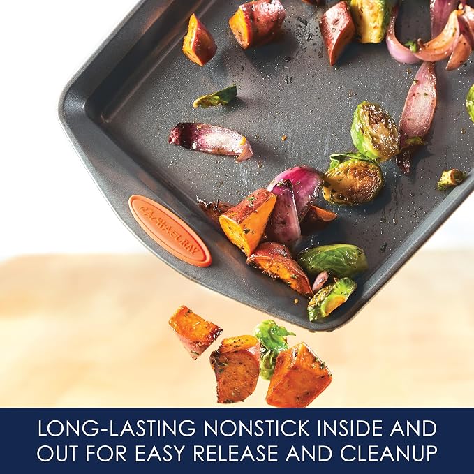 Rachael Ray Nonstick Bakeware with Grips, Nonstick Cookie Sheet / Baking Sheet - 11 Inch x 17 Inch, Gray with Orange Grips