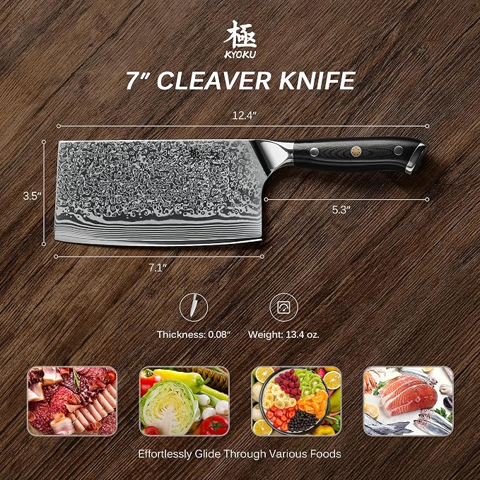 KYOKU Vegetable Cleaver Knife - 7" - Shogun Series - Japanese Style VG10 Steel Core Forged Damascus Blade - with Sheath & Case