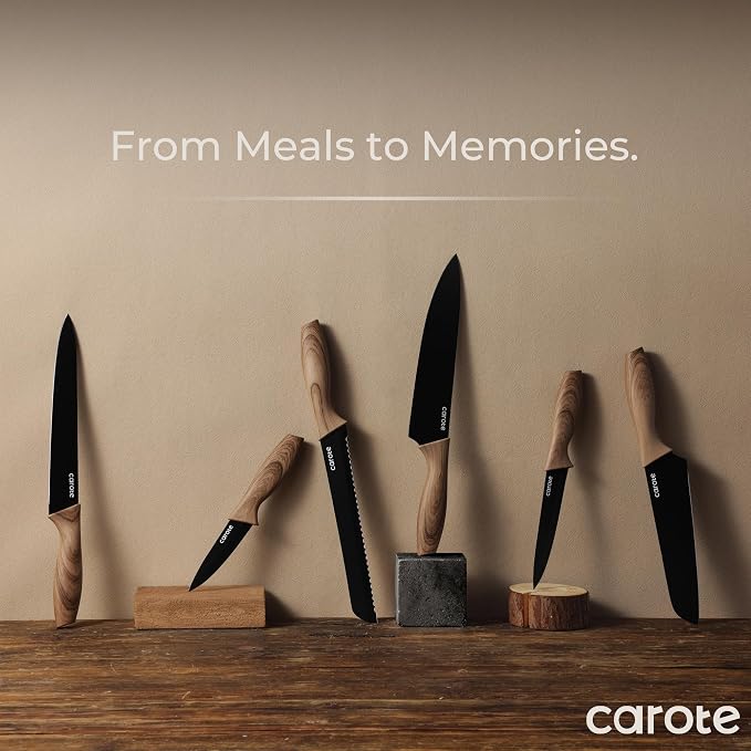 CAROTE 12-Piece Knife Set, Knives with Wood-Grain Finish Handles, Black | 6 Blade Guards, Stainless Steel Blade, Ceramic Nonstick Coating, Long-Lasting Sharpness, Rust-Resistant, Kitchen, Camping, RV