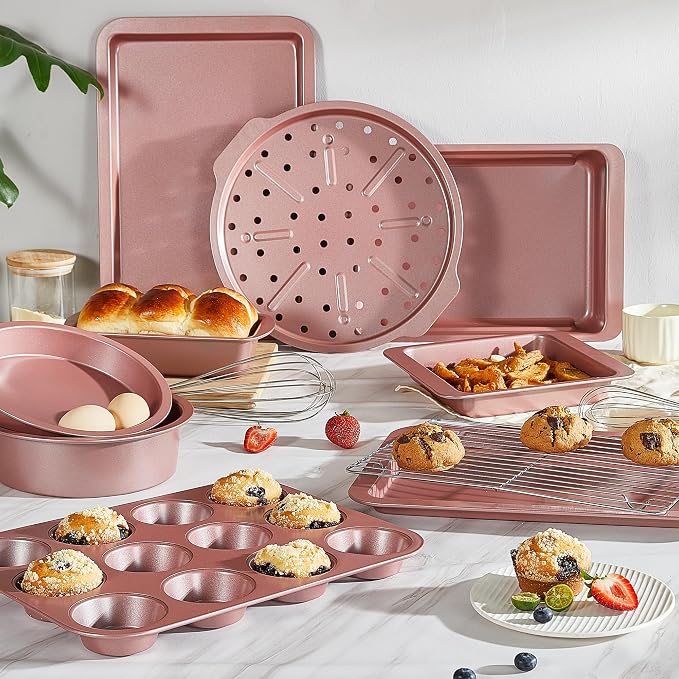 Bakeware Sets, Baking Pans Set, Nonstick Oven Pan for Kitchen with Wider Grips, 10-Piece Including Rack, Cookie Sheet, Cake Pans, Loaf Pan, Muffin Pan, Pizza Pan - Pink
