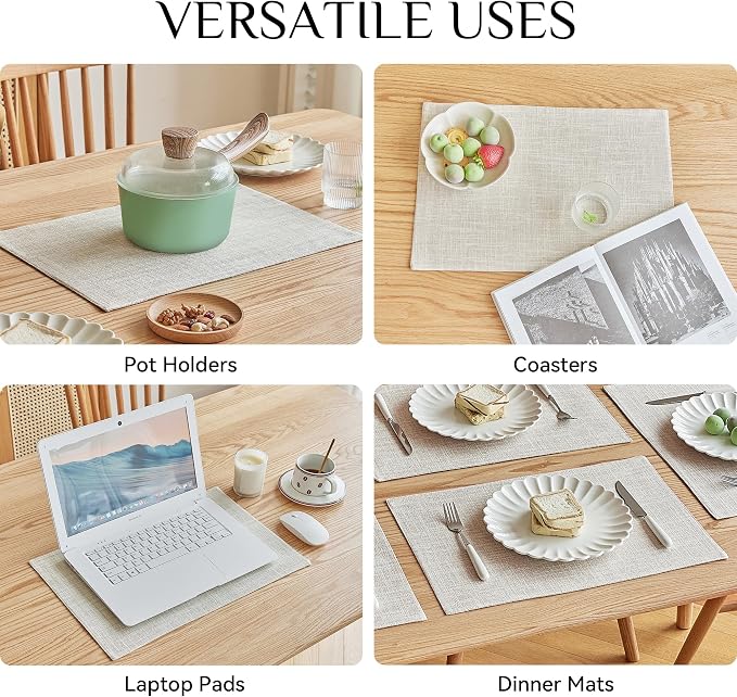 Softalker Faux Linen Placemats Set of 12-12 x 18 Inch, Heat Resistant Double Layered Durable Burlap Farmhouse Place Mats, Non-Slip Washable Rustic Table Mats for Dining, Kitchen, Party（Cream