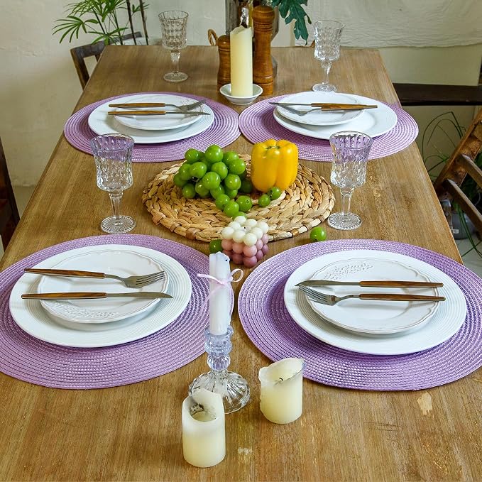 FunWheat Round Braided Placemats Set of 8 Table Mats for Dining Tables Woven Washable Non-Slip Place mats 15 inch(Lavender Purple,8pcs)