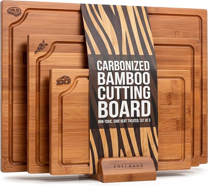 Carbonized Bamboo Cutting Boards – Cutting Board Set of 3 Heat Treated for Rich Color & Lower Moisture Absorption, Chopping Boards with Juice Groove, Non-Toxic, FSC Certified incl. Stand
