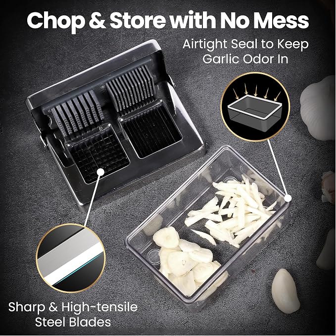 Gourmet Easy Garlic Press Chopper, 2-in-1 Slicer & Dicer, Fridge Friendly | Airtight Container Keeps Garlic and Ginger Fresh, Cleaning Sieve Included, Stainless Steel, Dishwasher Safe, 5-Year Warranty