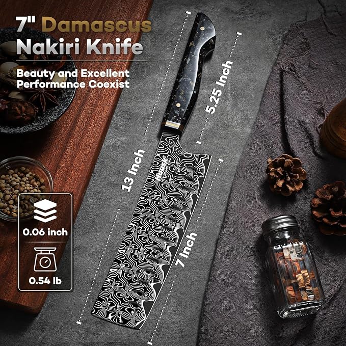 Huusk Damascus Nakiri Knife 7 Inch, Japanese Kitchen Chef Knives | Razor Sharp Vegetable Cleaver Knife with Ergonomic Resin Handle, Birthday Cooking Gifts for Men and Women