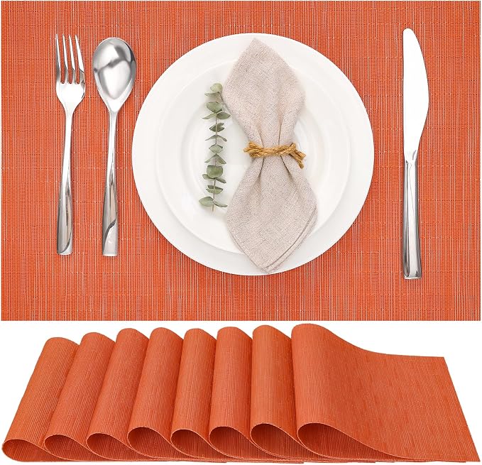 Myir JUN Placemats Set of 8 Kitchen and Dining Table Placemats | Vinyl Placemats Place Mats Indoor/Outdoor Set of 8 Washable Table Mats Non-Slip Place mats for Dining Table, Orange