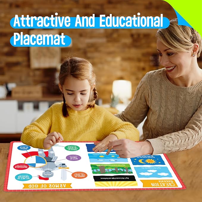 6 Pack Placemats for Kids, Non-Slip Washable Table Mats, Reusable Bible Themed Dining Mat, Educational Placemats for Home, Kindergarten, Classroom, Nursery