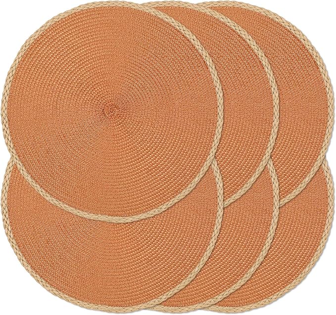 Round Placemats Set of 6, Woven Table Mats, Thin Edge, Orange | Braided Paper Edge, 15 Inch Diameter, Fits Dinner Plate and Flatware, Wipeable, Heat Resistant, Indoor Dining, Outdoor Patio