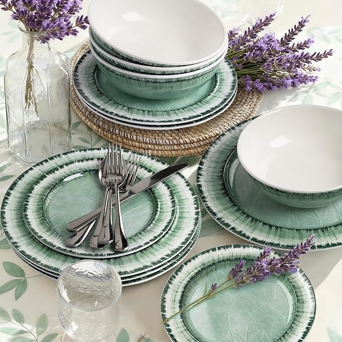 Melamine Dinnerware Set of 18 Pcs Dinner Dishes Set, Lightweight Unbreakable for Indoor and Outdoor Use, BPA Free, Dishwasher Safe, Sage Green