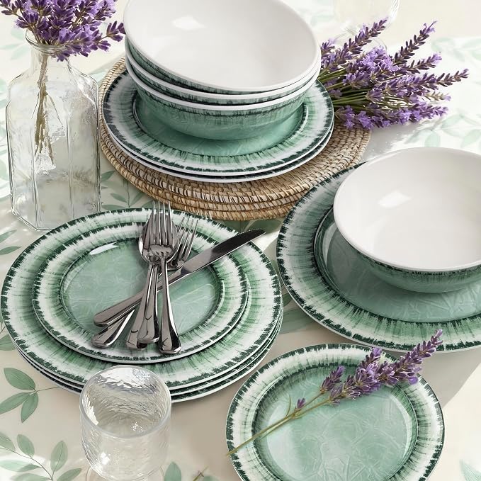 Melamine Dinnerware Set of 12 Pcs Dinner Dishes Set for Indoor and Outdoor Use, Dishwasher Safe, Lightweight Unbreakable, BPA Free, Sage Green
