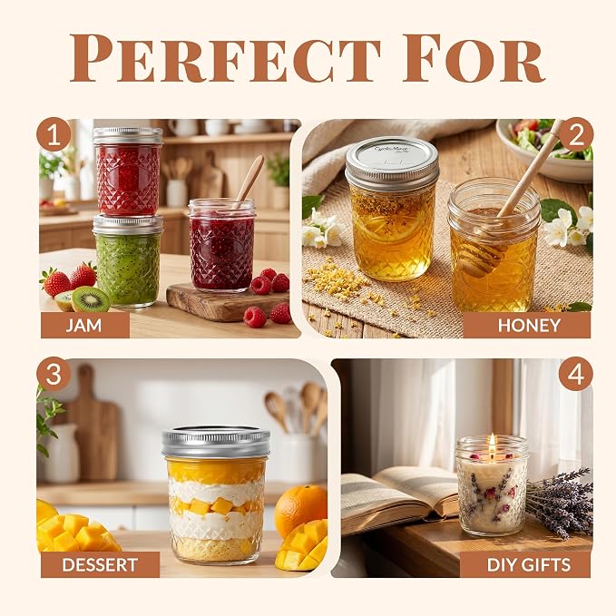 CycleMore Mason Jars 6 oz, 12 Pack Diamond Glass Jars with Silver Split Lids, Small Canning Jars for Caviar, Jam, Honey, Jelly, Sauce, Spices and Wedding Favors