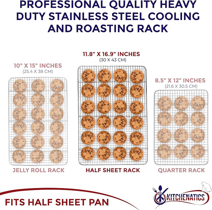 Half Sheet Wire Rack Rust Free Even Airflow 11.8 x 16.9 Inches | Fits inside a standard half sheet pan to lift food for even heat while baking, grilling or cooling
