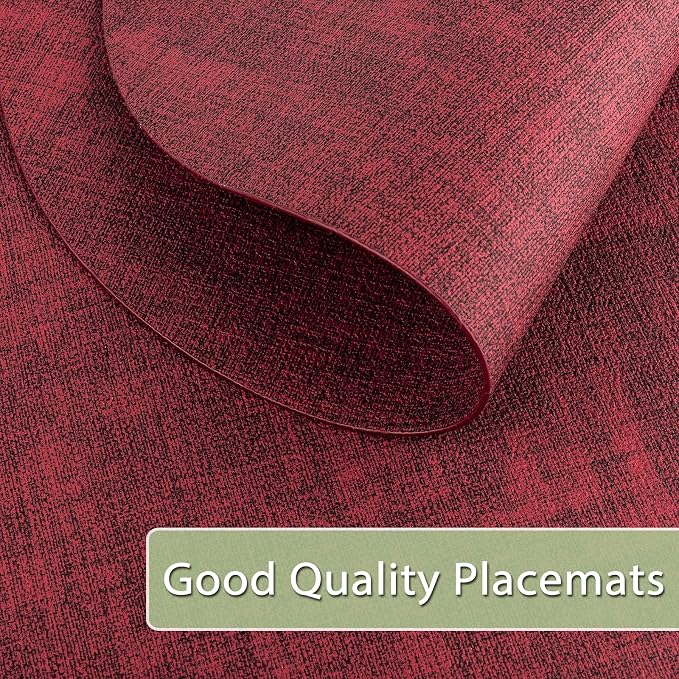 Placemats Set of 12 Washable, Heat Resistant Table Placemats Wipeable Faux Leather Oval Place Mats Non Slip, Waterproof Oval Table Mats for Indoor Outdoor, Wine Red