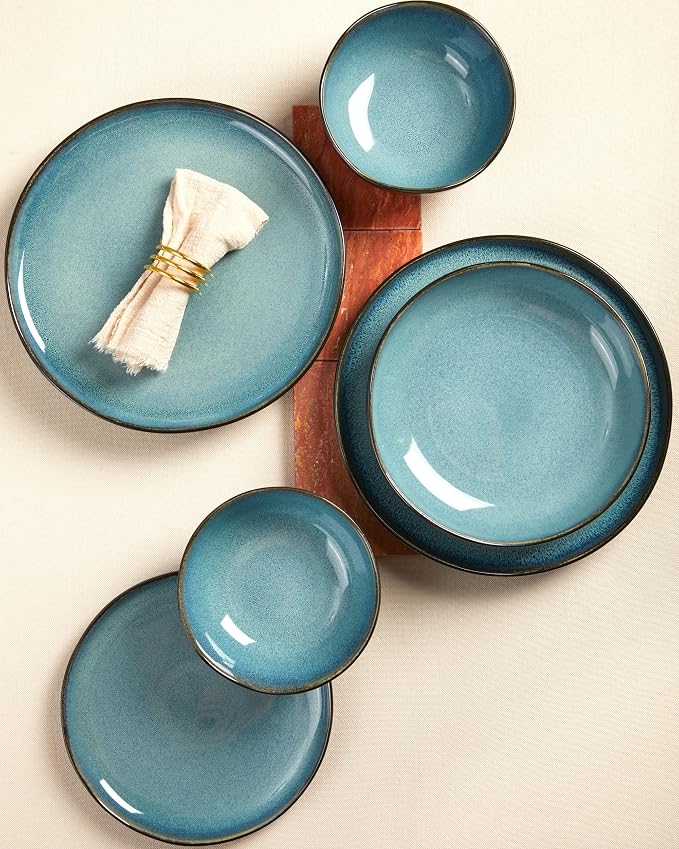 Extra Large Dinnerware Set for 12, 36 Pieces Ceramic Plates and Bowls Set, Kitchen Dish Set, Microwave & Dishwasher Safe Dishware, Ocean-Inspired Stoneware for Big Gatherings, Green Black