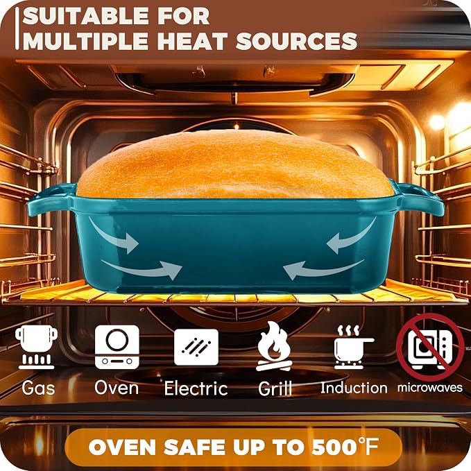 Cast Iron Loaf Pan with Lid, 9x5 Loaf Pans for Homemade Bread | Cast Iron Bread Pan for Sourdough Baking, 9x5 Loaf Pan with 2-In-1 Design, Even Heat Distribution, Teal Enameled