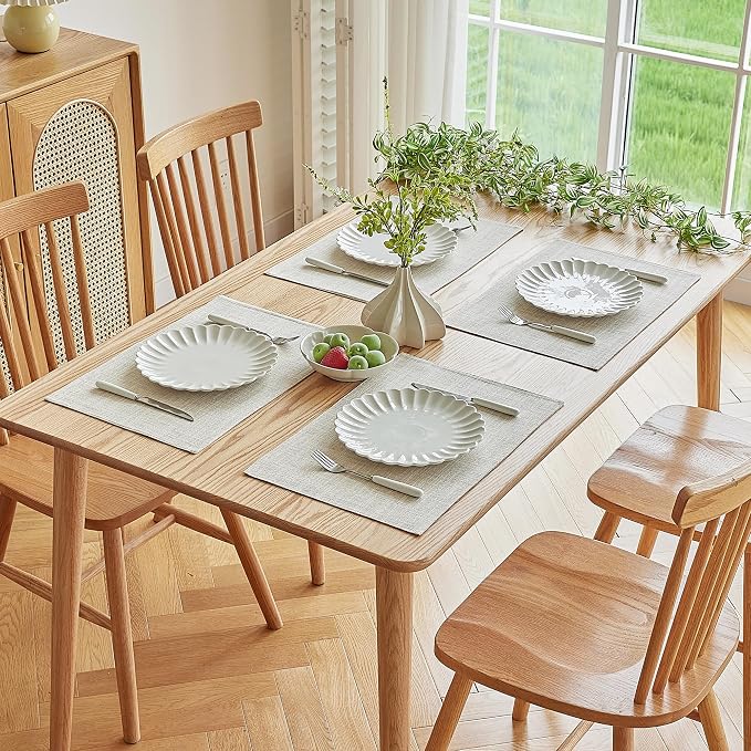 Softalker Faux Linen Placemats Set of 4-12 x 18 Inch, Heat Resistant Double Layered Durable Burlap Farmhouse Place Mats, Non-Slip Washable Rustic Table Mats for Dining, Kitchen, Party（Cream