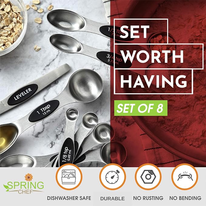 Spring Chef Stainless Steel Magnetic Measuring Spoons Set of 8, Black | Dual Sided Metal Teaspoon & Tablespoon Measuring Spoons with Leveler for Dry & Liquid Ingredients, Nesting, Dishwasher Safe