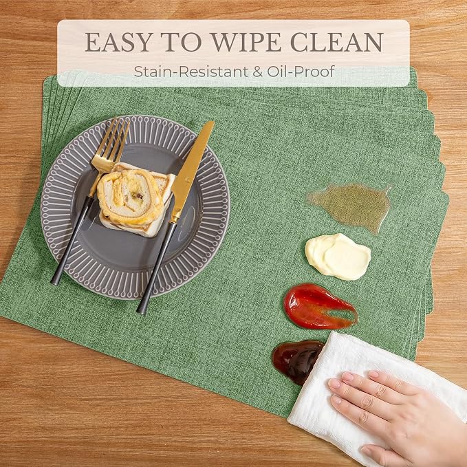 Romanstile Vinyl Placemats Set of 6-12 X 17 Inch - Faux Leather 100% Waterproof Wipeable Anti Slip Place Mats, Heat Resistant Reversible PU Table Mats for Kitchen Dining Party Outdoor, Dark Green