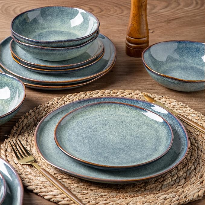 AmorArc Ceramic Dinnerware Sets for 8, 24Pcs Plates and Bowls Sets Dishes | Stoneware Handmade Reactive Glaze Dinner Set, Highly Scratch Resistant | Dishwasher & Microwave Safe Dishware
